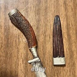 1930s Pre WWII Kuno Ritter German Hunting Knife with Stag Handle & Sheath