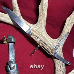 1960s Keystone Stag Solingen Hunting Fixed Blade Knife Multi Tool Sheath No 231
