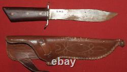 1983 Hand Made steel hunting bowie knife with leather sheath