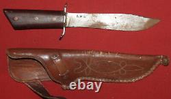 1983 Hand Made steel hunting bowie knife with leather sheath