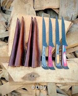 4'' Pieces Fillet Fishing Knife Handmade Damascus Steel Knife with Leather