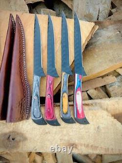 4'' Pieces Fillet Fishing Knife Handmade Damascus Steel Knife with Leather