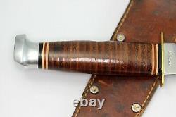 60's Kabar Unmarked #1207 Finger Groove Knife with Stacked Leather Handle & Sheath