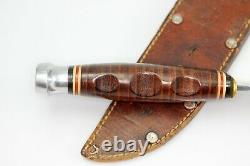 60's Kabar Unmarked #1207 Finger Groove Knife with Stacked Leather Handle & Sheath