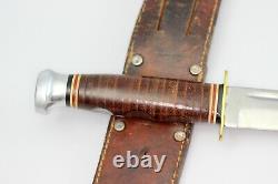 60's Kabar Unmarked #1207 Finger Groove Knife with Stacked Leather Handle & Sheath