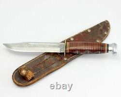 60's Kabar Unmarked #1207 Finger Groove Knife with Stacked Leather Handle & Sheath