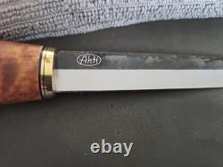 Ahti Juhlapuukko Knife Stained Curly Birch Handle 4.75 Inch Carbon Steel Blade