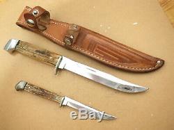 Antique CASE XX Fixed Blade Stag Hunting Knives Twin Finn Piggyback Set RARE