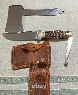 Antique Knife Hatchet Set Case XX Stag Handle Patent 1935 Woven Leather Sheath
