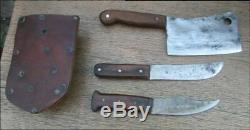 Antique Muleskinner Buffalo Hunter's Fur Trade Butcher Knife Set withLeather Block