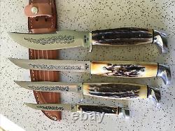 Antique/vintage Stag Case XX USA 1977 Blue Scroll Hunting Knife Set/lot/ Sweet