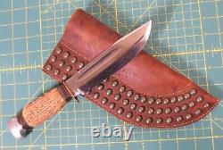 Baron Solingen Stainless Stag Large Bowie Hunting Knife & Custom Leather Sheath
