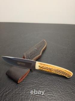 Boker Argentina 440 Stainless Stag Handle Fixed Blade Knife & Leather Sheath Vtg
