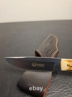 Boker Argentina 440 Stainless Stag Handle Fixed Blade Knife & Leather Sheath Vtg