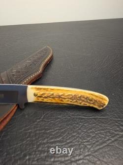 Boker Argentina 440 Stainless Stag Handle Fixed Blade Knife & Leather Sheath Vtg