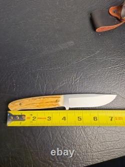 Boker Argentina 440 Stainless Stag Handle Fixed Blade Knife & Leather Sheath Vtg