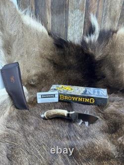 Browning Fixed Blade Stag Knife With Leather Sheath Mint in Factory Box A+