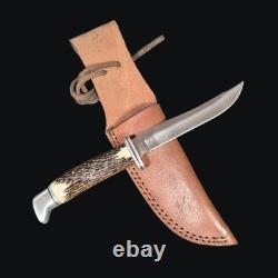 Buck 105 Hunting Fixed Blade Knife Stag Antler Custom 1991 Leather Sheath