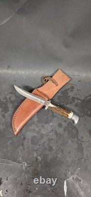Buck 105 Hunting Fixed Blade Knife Stag Antler Custom 1991 Leather Sheath