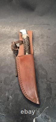 Buck 105 Hunting Fixed Blade Knife Stag Antler Custom 1991 Leather Sheath