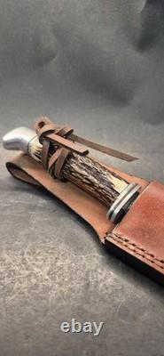 Buck 105 Hunting Fixed Blade Knife Stag Antler Custom 1991 Leather Sheath
