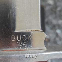 Buck 124 USA Hunting Fixed Blade Knife, Stainless Clip Point, Wood, Sheath 1980