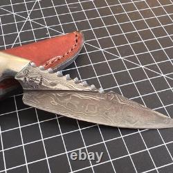 C. PETERSON NO SWEAT Damascus Steel Fixed Blade Knife withLeather Sheath