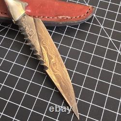 C. PETERSON NO SWEAT Damascus Steel Fixed Blade Knife withLeather Sheath
