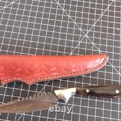 C. PETERSON NO SWEAT Damascus Steel Fixed Blade Knife withLeather Sheath