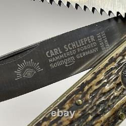 Carl Schlieper Eye Brand 3 Blade Knife Saw Gut Hook Corkscrew Stag Handle Sheath