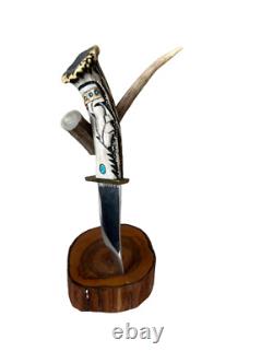 Carved Indigenous American Art Antler Knife With Stand