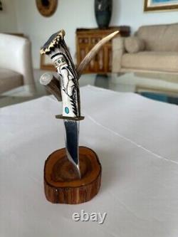 Carved Indigenous American Art Antler Knife With Stand