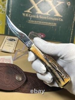 Case XX 523-3 1/4 SS Fixed Blade Hunting Knife Pheasant Etch Stag Grip, Sheath
