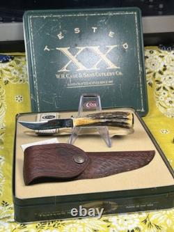 Case XX 523-3 1/4 SS Fixed Blade Hunting Knife Pheasant Etch Stag Grip, Sheath