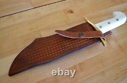 Case XX Bowie SS Large Hunting Knife w Leather Basketweave Sheath & White Handle