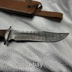 Custom Damascus Steel Hunting Knife with Leather Sheath Handcrafted Fixed Blade