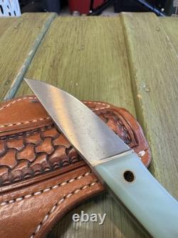 Custom Fixed Blade Knife 6.25 Green Handle with Ken Amen Tooled Leat