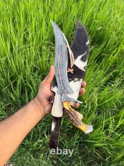 Custom Handmade Copper Damascus Hunting Bowie Knife Camping Knife with Stag Handle