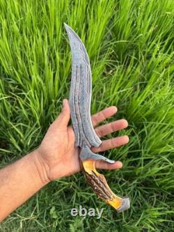 Custom Handmade Copper Damascus Hunting Bowie Knife Camping Knife with Stag Handle