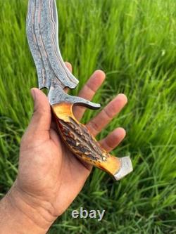 Custom Handmade Copper Damascus Hunting Bowie Knife Camping Knife with Stag Handle