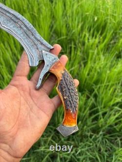 Custom Handmade Copper Damascus Hunting Bowie Knife Camping Knife with Stag Handle
