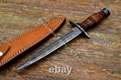 Custom Made 14'' Fairbairn Sykes Leather Staked Dagger with Hand Forged Damascus