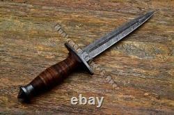 Custom Made 14'' Fairbairn Sykes Leather Staked Dagger with Hand Forged Damascus