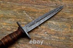 Custom Made 14'' Fairbairn Sykes Leather Staked Dagger with Hand Forged Damascus