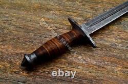 Custom Made 14'' Fairbairn Sykes Leather Staked Dagger with Hand Forged Damascus