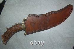 Custom stainless steel blade knife with crown stag handle, leather sheath