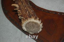 Custom stainless steel blade knife with crown stag handle, leather sheath