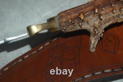 Custom stainless steel blade knife with crown stag handle, leather sheath