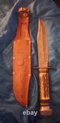 EDGE MARK 1977 Hunting Knife Fixed Blade Steel Clip Point Stag Handle Sheath