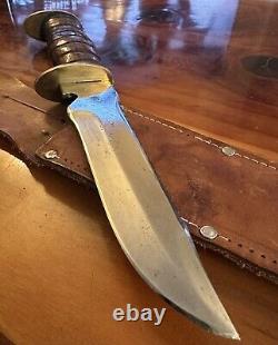 Egw Knife Wood Handle Fighting 6 Inch Blade Leather Sheath Rare Survivor